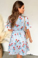 Sky Blue Striped Floral Print Ruffle Belted Mini Dress - Image 2