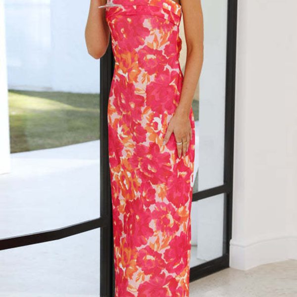 Orange Floral Print Backless Slim Fit Tube Maxi Dress