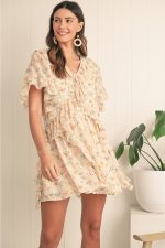 Apricot Boho V Neck Floral Tassel Tie Ruffle Mini Dress - Image 4