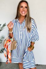 Blue Striped Collared Half Button Side Pockets Loose Fit Mini Dress - Image 5