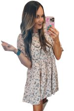 Beige Floral Puff Short Sleeve Empire Waist Mini Dress - Image 16