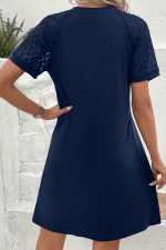Navy Blue Contrast Lace Raglan Sleeve Pleated Mini Dress - Image 2