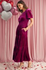 Red Dahlia Velvet Short Sleeve Shirred Waist Tiered Maxi Dress - Image 4