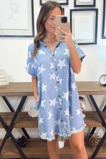 Sky Blue Star Print Frayed Hem Buttoned Denim Mini Dress - Image 4