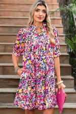 Pink Floral Puff Short Sleeve V Neck Mini Dress - Image 4