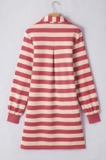 Pink Stripe Pocketed Collared V Neck Loose Fit Mini Dress - Image 9