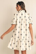 Beige Cute Bowknot Printed Bubble Sleeve V Neck Mini Dress - Image 2