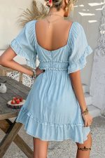 Mist Blue Frill Square Neck Half Sleeve Mini Dress - Image 2
