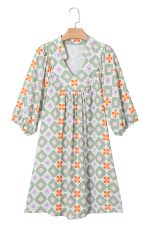 Green Geometric Floral Print 3/4 Sleeve Notched Neck Mini Dress - Image 11
