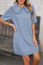 Beau Blue Frill Trim Peter Pan Collar Denim Babydoll Dress - Image 5