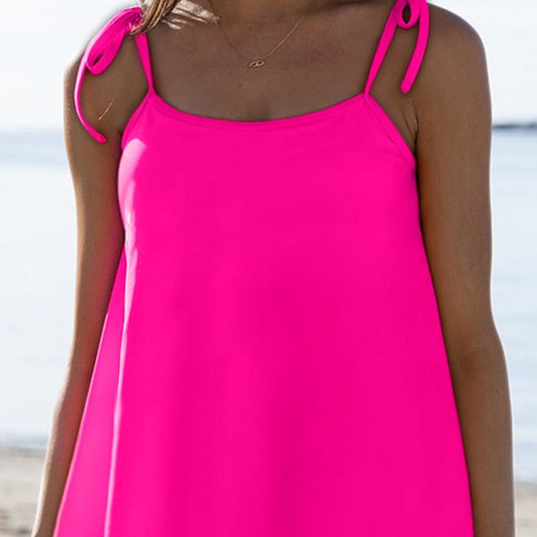 Rose Red Solid Color Cami and Floral Print Panty Tankini Set