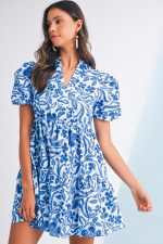 Blue Flower Print Puff Sleeve Ruffle Mini Dress - Image 4