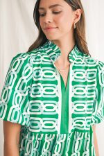 Bright Green Abstract Print Puff Sleeve Pop of Color Neckline Dress - Image 6
