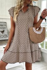 Simply Taupe Bohemian Print V-Neck Flutter Sleeve Ruffle Mini Dress