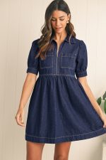 Dirty Blue Puff Sleeve Half Zipper Denim Flowy Dress - Image 4
