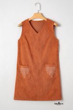 Gold Flame Corduroy Embroidered Patch Pocket Sleeveless Mini Dress - Image 5