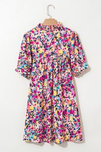 Pink Floral Puff Short Sleeve V Neck Mini Dress - Image 8