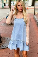 Beau Blue Bow Detail Spaghetti Straps Ruffle Hem Denim Dress - Image 3