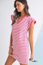 Sachet Pink Striped Ruffle Short Sleeve Pop of Color Neckline Dress - Image 3