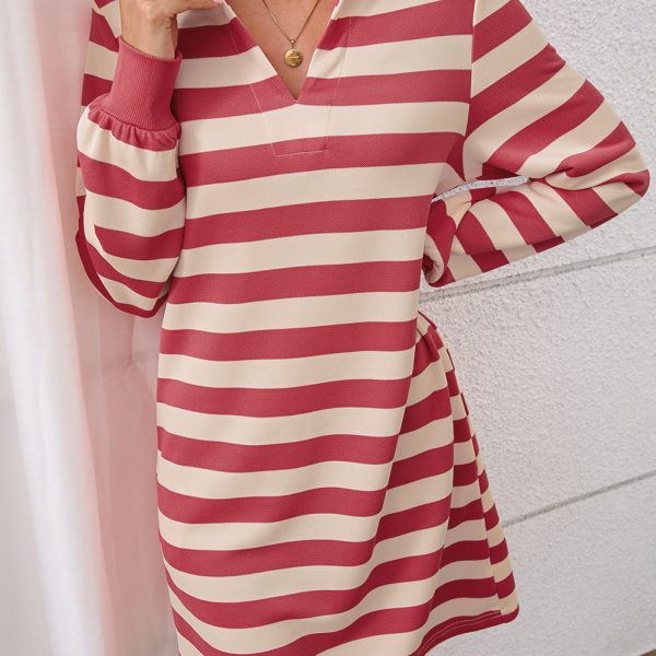 Pink Stripe Pocketed Collared V Neck Loose Fit Mini Dress