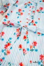Sky Blue Striped Floral Print Ruffle Belted Mini Dress - Image 11