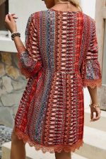 Red Boho Colorblock Deep V Neck Mini Dress - Image 2