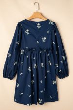Blue Floral Print Puff Sleeve Babydoll Dress - Image 9