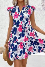 Rose Floral Print Notched Neck Flutter Sleeve Mini Dress - Image 4