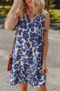 Blue Floral Sleeveless Notched V Neck Mini Dress - Image 3
