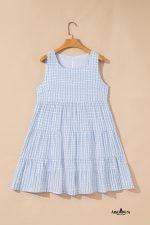 Light Blue Gingham High Waist Sleeveless Mini Dress - Image 5