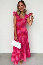 Rose Stripe Ruffle Strap Shirred Bodice Tiered Maxi Dress - Image 3