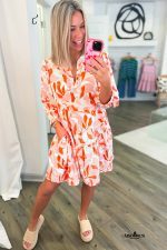 Orange Abstract Print Split Neck Long Sleeve Dress - Image 3