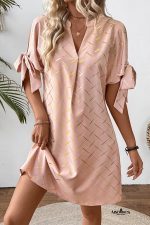Apricot Pink Geometric Print Knot Sleeve V Neck Mini Dress - Image 3