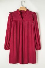 Fiery Red Frill Trim V Neck Loose Fit Ribbed Mini Dress - Image 12