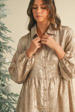 Apricot Metallic Sheen Puff Sleeve Button Up Mini Shirt Dress - Image 5