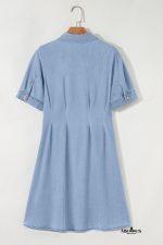 Myosotis Pleated High Waist Short Sleeve Shirt Dress - Image 10