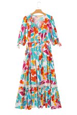 Rose Red Floral Knot Puff Sleeve V Neck Buttoned Front Split Lace Maxi Dress - Image 17