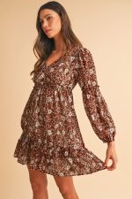 Brown Boho Floral Ruffle Puff Sleeve V Neck Mini Dress - Image 3