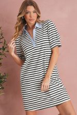 Black Stripe Collared Puff Sleeve Pocketed Mini Dress - Image 8