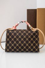 Coffee Geometric Pattern Ribbon Decor PU Leather Bag - Image 2