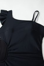 Black Asymmetric Ruffle Shoulder Ruched One Piece Swimsuit - Image 8