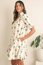 Beige Cute Bowknot Printed Bubble Sleeve V Neck Mini Dress - Image 3