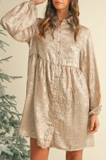 Apricot Metallic Sheen Puff Sleeve Button Up Mini Shirt Dress - Image 8