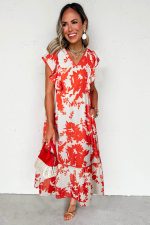 Red Floral Print Trimmed V Neck Ruffle Sleeve Maxi Dress - Image 3