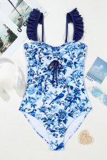 Blue Cutout Ruffle Spaghetti Strap One-Piece Swimwear - Image 3