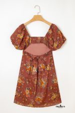 Red Floral Puff Sleeve Square Neck Knot Open Back Mini Dress - Image 9