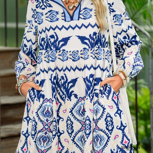 Blue Ethnic Print Pop of Color Neckline Long Sleeve Dress