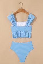 Sky Blue Striped Ruffled Shoulder Peplum Top 2 Piece Tankinis - Image 3