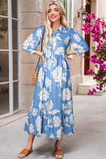 Sky Blue Floral Print Puff Sleeve Collared Dress - Image 3