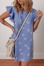 Sky Blue Bow Print Ruffle Sleeve Mini Dress - Image 5